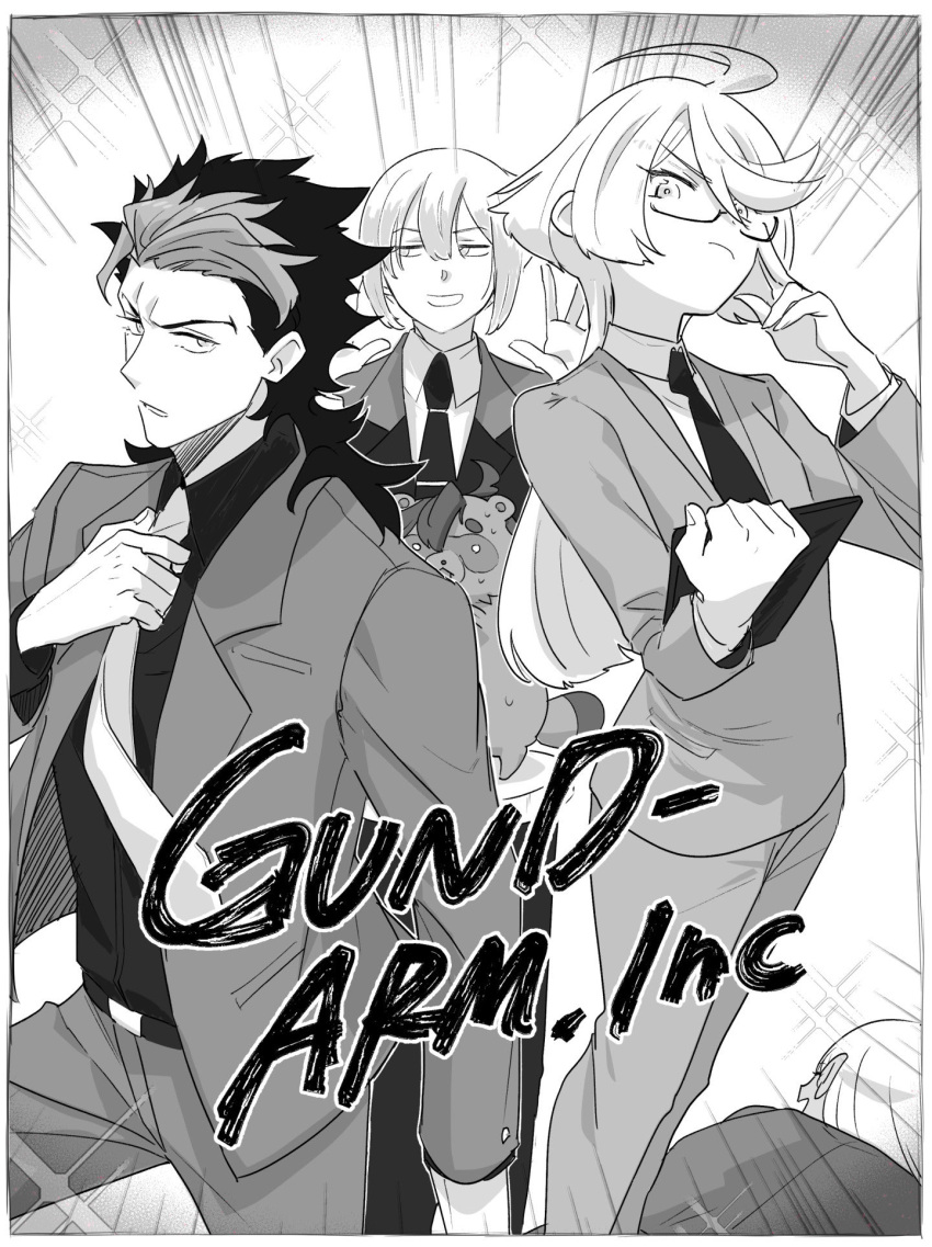 1girl 3boys ahoge bangs collared_shirt elan_ceres english_text formal glasses guel_jeturk gundam gundam_suisei_no_majo hair_between_eyes hairband highres himukai_yuusuke holding jacket long_hair looking_at_viewer looking_away miorine_rembran monochrome multiple_boys necktie open_mouth pants serious shaddiq_zennelli shirt suit suletta_mercury swept_bangs tanuki thick_eyebrows