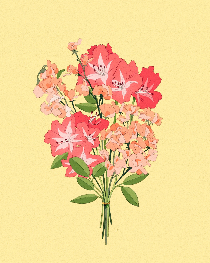 bouquet commentary english_commentary flower flower_focus highres leaf libbyframe no_humans original pink_flower plant rhododendron signature simple_background still_life sweet_pea