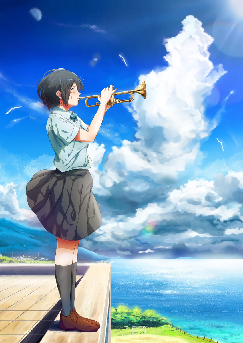 1girl absurdres black_hair black_skirt black_socks blue_bow blue_bowtie blue_sky blush bow bowtie brown_footwear clouds creatrail cumulonimbus_cloud day goal highres instrument music outdoors playing_instrument profile rooftop school_uniform short_hair short_sleeves skirt sky socks solo standing summer trumpet