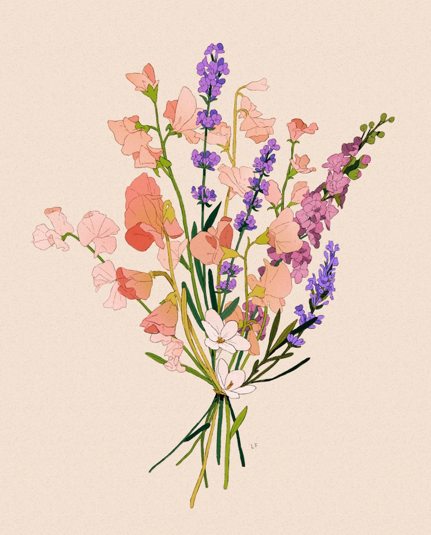 bouquet commentary english_commentary flower grey_background highres lavender_(flower) leaf libbyframe no_humans original pink_flower plant purple_flower signature simple_background still_life sweet_pea white_flower