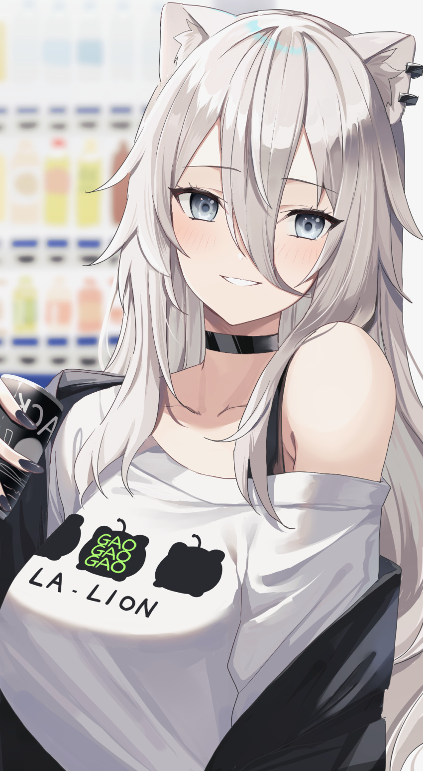 1girl animal_ear_fluff animal_ears bangs bare_shoulders black_choker black_jacket black_nails blurry blurry_background blush breasts can choker clothes_writing commentary_request depth_of_field ear_piercing grey_eyes grey_hair hair_between_eyes highres holding holding_can hololive jacket lion_ears long_hair looking_at_viewer medium_breasts nail_polish off_shoulder open_clothes open_jacket parted_lips piercing shirt shishiro_botan smile solo upper_body vending_machine virtual_youtuber white_shirt yuzu-aki