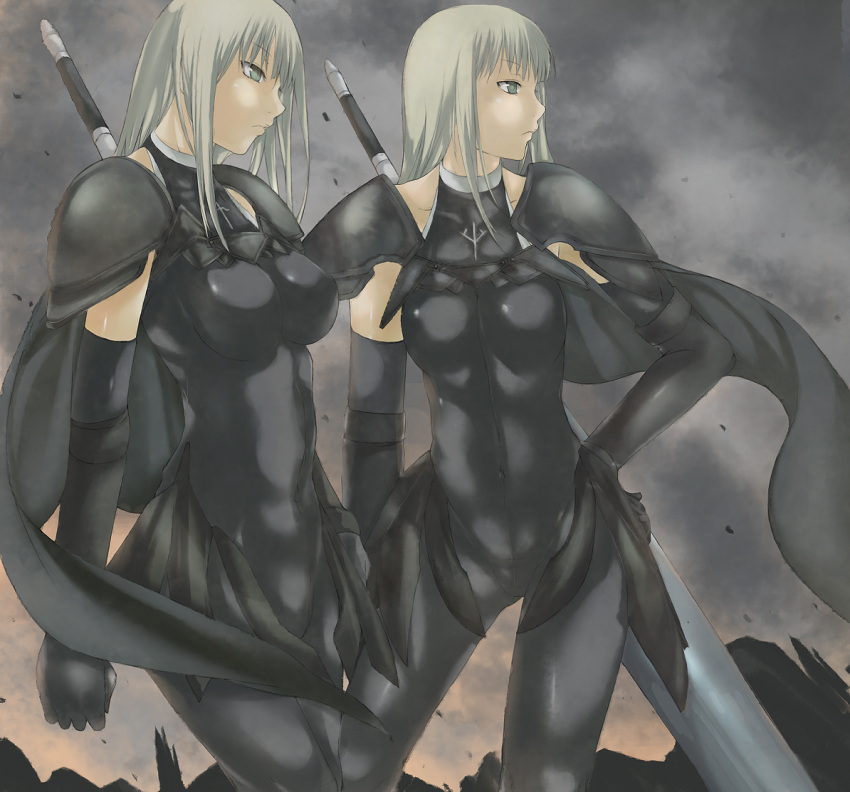 beth_(claymore) bodysuit cape claymore claymore_(sword) elbow_gloves gloves green_eyes long_hair nyami shoulder_pads sword weapon