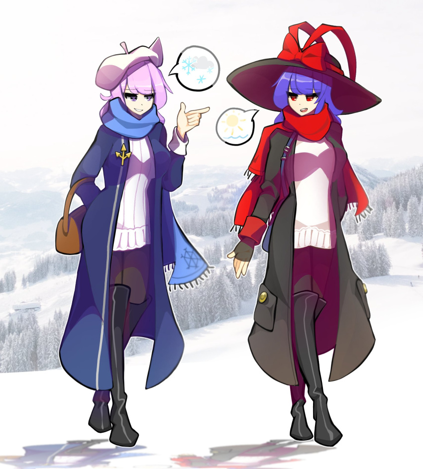 2girls alternate_costume blue_eyes blue_hair boots coat highres kaliningradg letty_whiterock multiple_girls nagae_iku pantyhose red_eyes sweater thigh_boots touhou winter_clothes