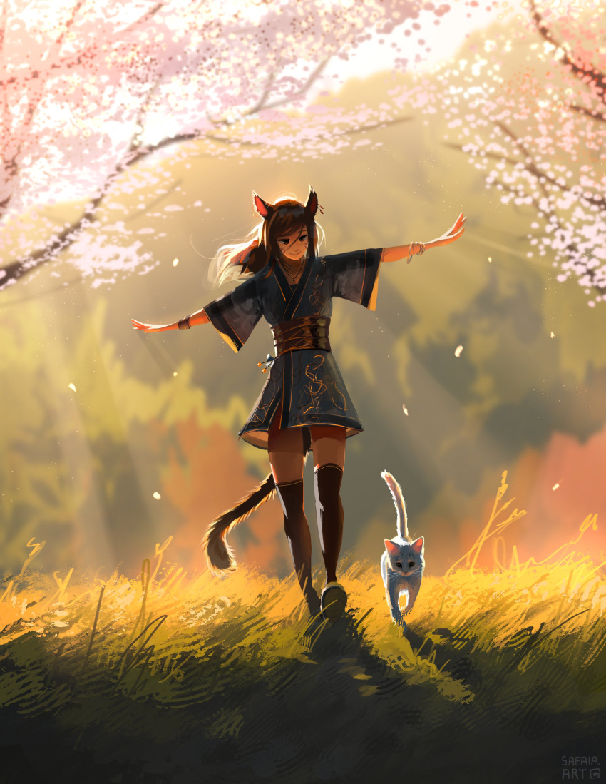 1girl absurdres animal animal_ears black_thighhighs cat cat_ears cat_tail cherry_blossoms facial_mark falling_petals final_fantasy final_fantasy_xiv full_body grass highres long_hair miqo'te outdoors outstretched_arms petals safaiaart smile spread_arms sunlight tail thigh-highs tree walking