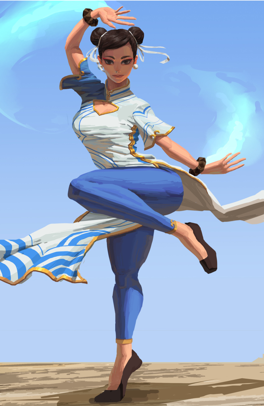 absurdres brown_eyes brown_hair chun-li double_bun full_body gakki_(myjj7387) hair_bun highres looking_at_viewer solo street_fighter