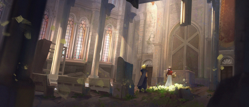 1boy 1girl aerith_gainsborough architecture armor baggy_pants basket blonde_hair boots braid braided_ponytail brown_hair buster_sword church cloud_strife column cropped_jacket door dress facing_away final_fantasy final_fantasy_vii final_fantasy_vii_remake flower_bed full_body gloves hair_ribbon highres holding holding_basket indoors jacket long_dress long_hair looking_at_another materia pants pew pillar pink_dress pink_ribbon red_jacket ribbon short_hair short_sleeves shoulder_armor sleeveless sleeveless_turtleneck spiky_hair stained_glass stoa_(stoa429) turtleneck weapon weapon_on_back window wooden_floor