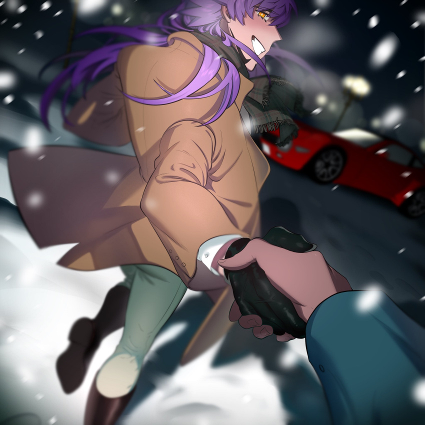 2boys bangs black_gloves blurry boots bright_pupils brown_coat brown_footwear buttons car coat commentary_request gloves grin ground_vehicle highres holding_hands hot_gay_241 korean_commentary leon_(pokemon) long_hair long_sleeves male_focus motor_vehicle multiple_boys night outdoors pants pokemon pokemon_(game) pokemon_swsh purple_hair smile snowing standing teeth white_pupils yellow_eyes