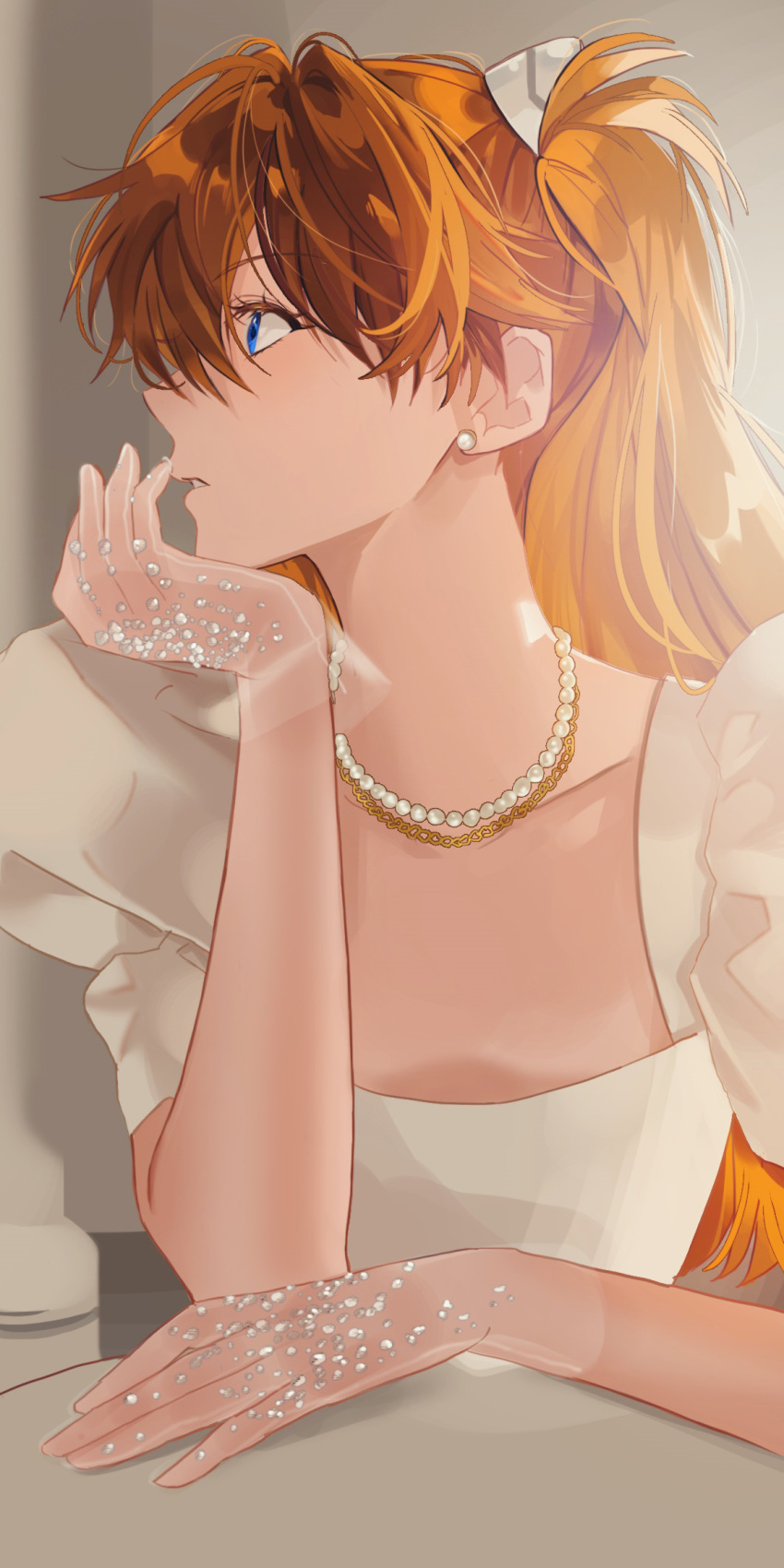 1girl blue_eyes chain_necklace commentary_request dress earrings gloves hair_between_eyes hair_ribbon head_rest highres jewelry korean_commentary long_hair looking_to_the_side nani_(s2_nani) necklace neon_genesis_evangelion orange_hair parted_lips pearl_earrings pearl_necklace profile puffy_short_sleeves puffy_sleeves ribbon see-through see-through_gloves short_sleeves solo souryuu_asuka_langley two_side_up upper_body white_dress white_ribbon