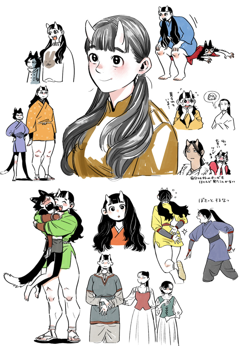 2boys 4girls :3 :d :o animal_ears arm_guards arms_at_sides arms_behind_back asymmetrical_bangs bangs bare_arms barefoot benichidori black_fur black_hair blanket blue_kimono blunt_bangs body_fur breasts cameo cat_ears cat_girl cat_tail chipped_tooth closed_eyes closed_mouth coat comforting covering_mouth cropped_torso curious dress dungeon_meshi excited extra facing_away facing_viewer falin_thorden floral_print flying_sweatdrops furrowed_brow green_kimono grey_hair grey_pants hair_down hair_over_shoulder hands_on_hips hands_up height_difference hien highres horns hug inutade izutsumi japanese_clothes kimono kui_ryouko layered_sleeves legs_apart long_hair long_sleeves looking_at_another low_twintails lying mole mole_under_eye multiple_boys multiple_girls multiple_views on_stomach oni oni_horns open_mouth orange_kimono pants patting_back ponytail print_sweater purple_kimono red_kimono sandals scared scarf short_hair short_kimono short_over_long_sleeves short_sleeves shurou side-by-side sideways_glance simple_background sitting sitting_on_person slapping smile smug standing surprised sweater tail thick_thighs thighs thought_bubble turtleneck turtleneck_sweater twintails under_covers updo vest w_arms white_background wide-eyed