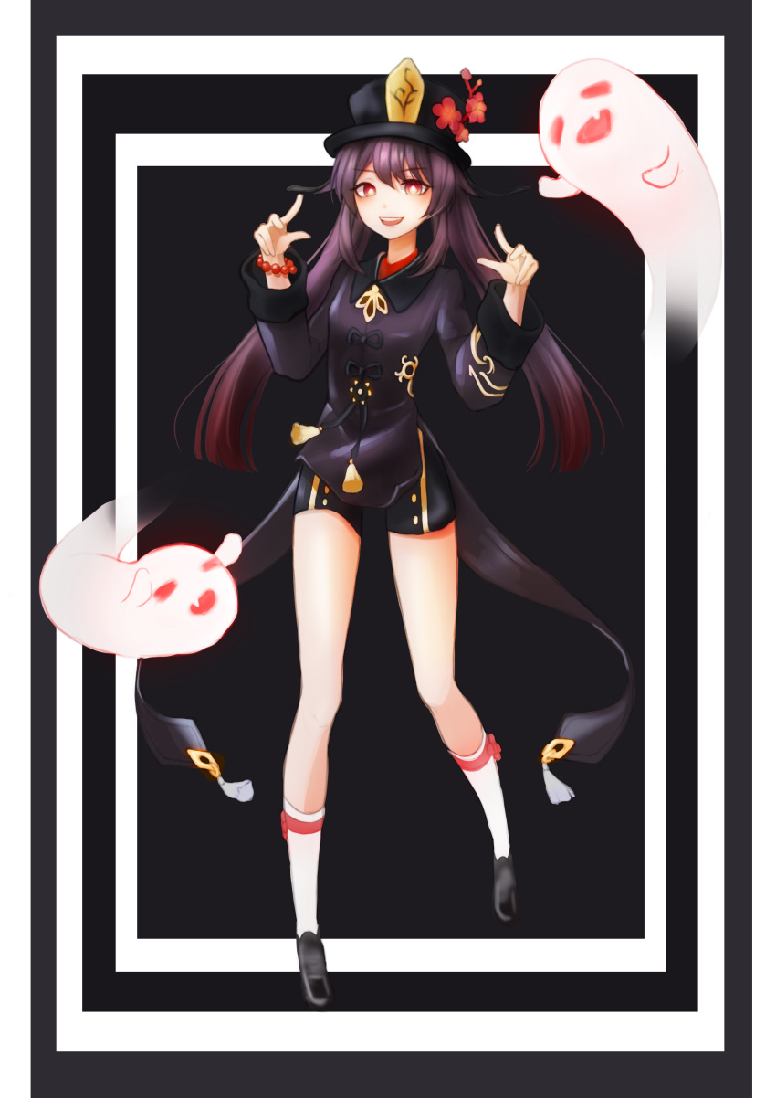 1girl :d absurdres bangs boo_tao_(genshin_impact) chessy chinese_clothes commentary flower full_body genshin_impact ghost hair_between_eyes hat hat_flower hat_ornament highres hu_tao_(genshin_impact) index_finger_raised kneehighs long_hair long_sleeves looking_at_viewer short_shorts shorts sidelocks simple_background smile socks standing twintails two-tone_background