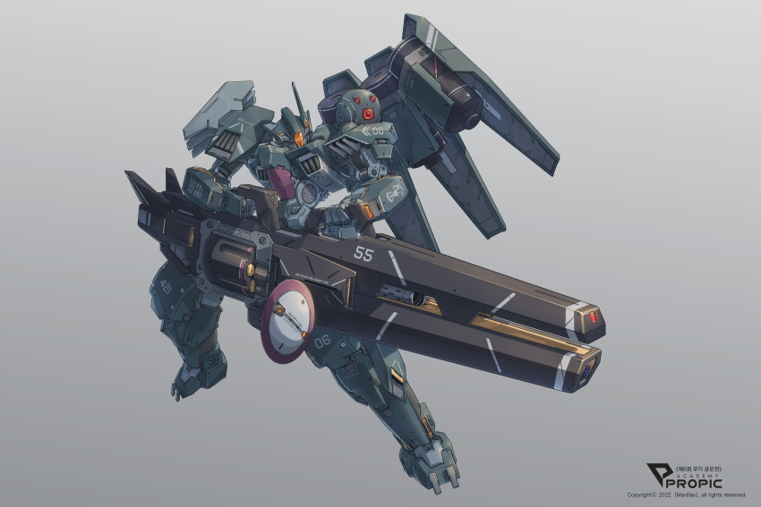 absurdres full_body grey_background gun highres holding holding_gun holding_weapon korean_commentary looking_to_the_side maxilax mecha mixed-language_commentary no_humans original robot science_fiction solo weapon