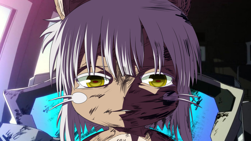 1other absurdres androgynous bangs commentary cyberpunk_(series) cyberpunk_edgerunners furry grey_hair highres horizontal_pupils looking_at_viewer made_in_abyss nanachi_(made_in_abyss) other_focus parted_lips portrait scene_reference scratches short_hair smugbuns solo whiskers yellow_eyes