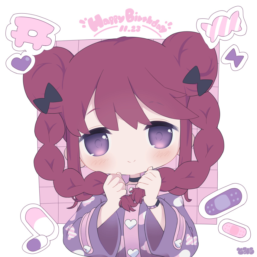 1girl absurdres bangs blush bow braid buttons candy chibi choker denonbu double_bun english_text food hair_bow hair_bun hair_ornament happy_birthday highres holding holding_hair hood hoodie inubousaki_shian long_sleeves looking_at_viewer pill portrait purple_hair purple_hoodie smile solo tomiuimot twin_braids violet_eyes