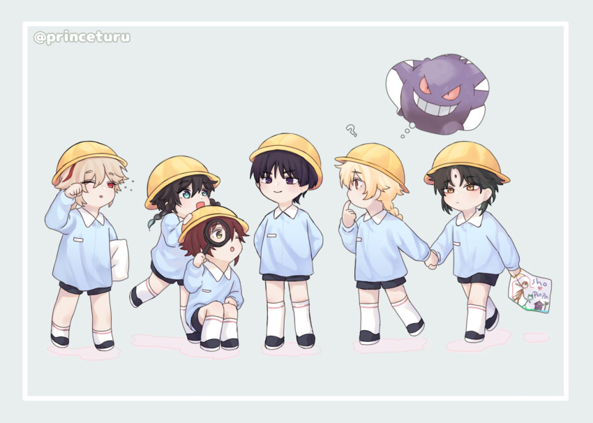 6+boys :d ? aether_(genshin_impact) age_regression aged_down bangs blonde_hair braid child child_drawing drowsy facial_mark finger_to_mouth forehead_mark gengar genshin_impact hat highres holding holding_hands holding_magnifying_glass kaedehara_kazuha kindergarten_uniform looking_at_another magnifying_glass multicolored_hair multiple_boys open_mouth pokemon pokemon_(creature) princeturu purple_hair red_eyes redhead rex_lapis_(genshin_impact) rubbing_eyes scaramouche_(genshin_impact) school_hat shikanoin_heizou sleepy smile smug squatting standing streaked_hair thought_bubble twin_braids twitter_username venti_(genshin_impact) violet_eyes xiao_(genshin_impact) yellow_eyes younger