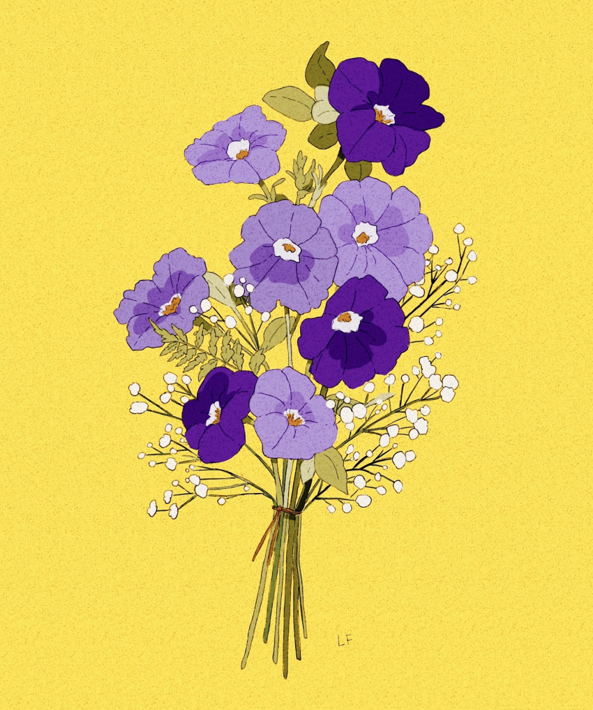 baby's-breath bouquet commentary english_commentary flower flower_focus highres leaf libbyframe no_humans original petunia_(flower) plant purple_flower signature simple_background still_life white_flower yellow_background