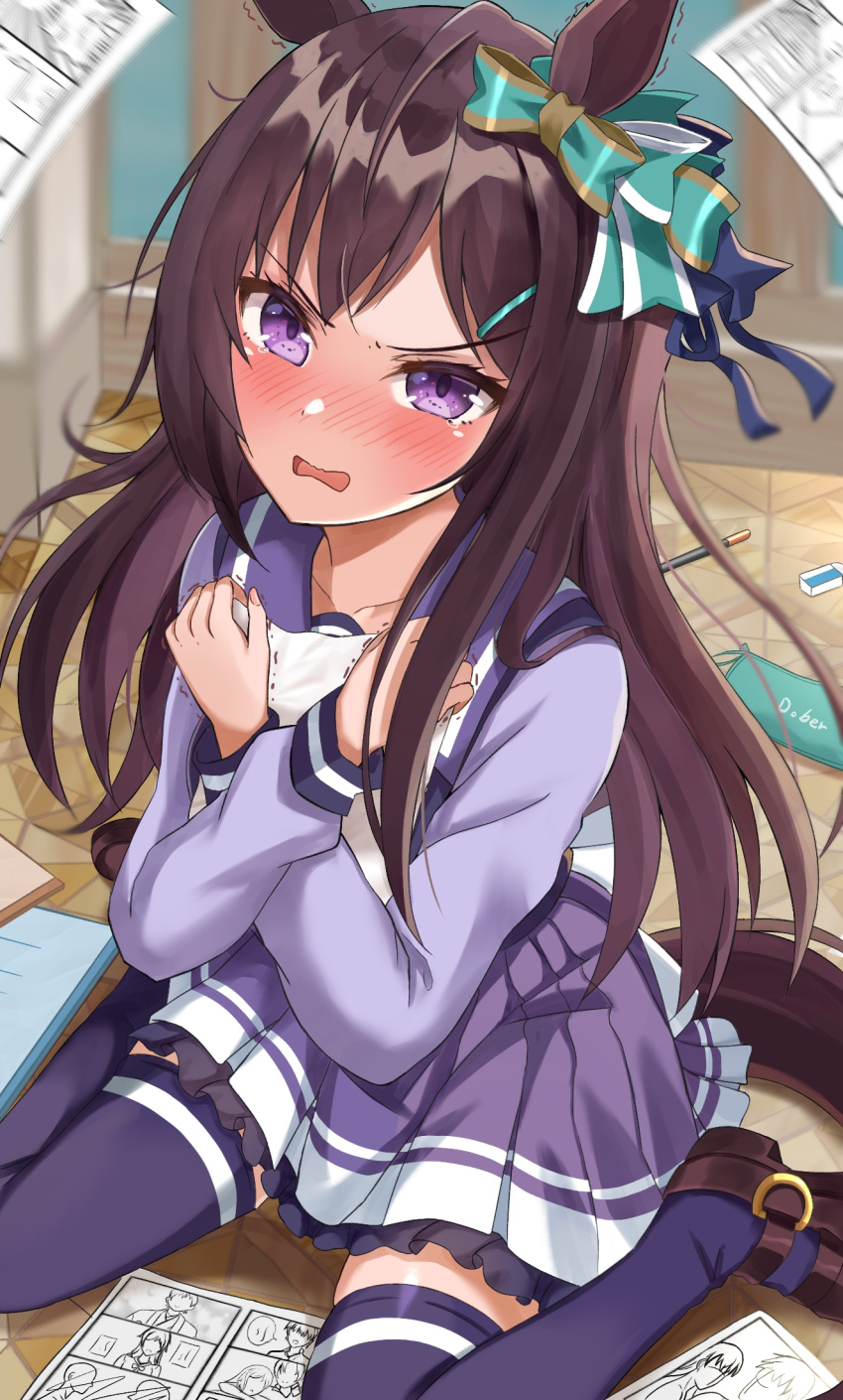 1girl black_hair blush commentary_request crouching_start floor hair_ornament highres horse_girl long_hair looking_at_viewer mejiro_dober_(umamusume) open_mouth school_uniform sitting sketch solo tears tracen_school_uniform umamusume violet_eyes wariza