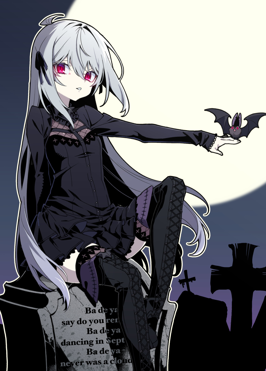 1girl absurdres ahoge bat_(animal) bat_ornament black_dress black_ribbon boots cross-laced_footwear dress fishnet_thighhighs fishnets full_moon gothic grey_hair hair_between_eyes hair_ribbon highres long_hair long_sleeves looking_at_viewer mearylis_(yamanasi_mikage) moon night original outdoors outstretched_arm pale_skin parted_lips red_eyes ribbon sleeves_past_wrists thigh-highs thigh_boots thighhighs_under_boots tombstone very_long_hair yamanasi_mikage zettai_ryouiki