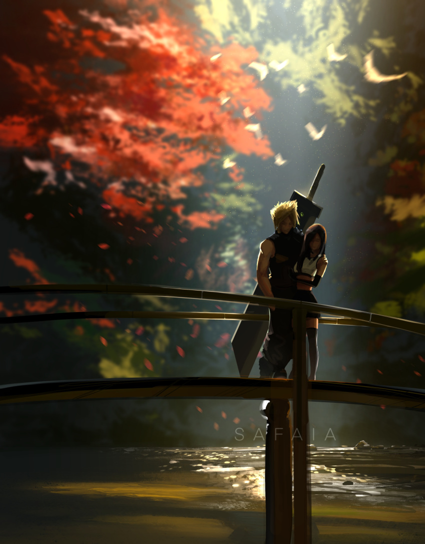 1boy 1girl absurdres bare_shoulders bird black_hair black_skirt black_thighhighs blonde_hair bridge buster_sword cloud_strife couple crop_top detached_sleeves falling_petals final_fantasy final_fantasy_vii final_fantasy_vii_remake full_body hand_on_another's_shoulder highres hug huge_weapon light_rays long_hair outdoors petals river safaiaart skirt spiky_hair standing sunbeam sunlight tank_top thigh-highs tifa_lockhart tree water weapon weapon_on_back white_tank_top zettai_ryouiki