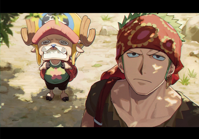 2boys animal antlers antlers_through_headwear backpack bag closed_mouth collarbone earrings green_hair hat headband highres jewelry male_focus multiple_boys one_piece one_piece:_strong_world outdoors qin_(7833198) roronoa_zoro serious shirt shorts standing tony_tony_chopper