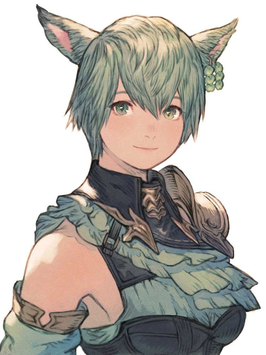 1girl absurdres animal_ears armor avatar_(ff14) bangs bodice cat_ears commentary detached_sleeves earrings final_fantasy final_fantasy_xiv from_side green_eyes green_hair high_collar highres jewelry looking_at_viewer maekakekamen miqo'te pauldrons short_hair shoulder_armor simple_background single_bare_shoulder single_earring single_pauldron slit_pupils smile solo upper_body white_background