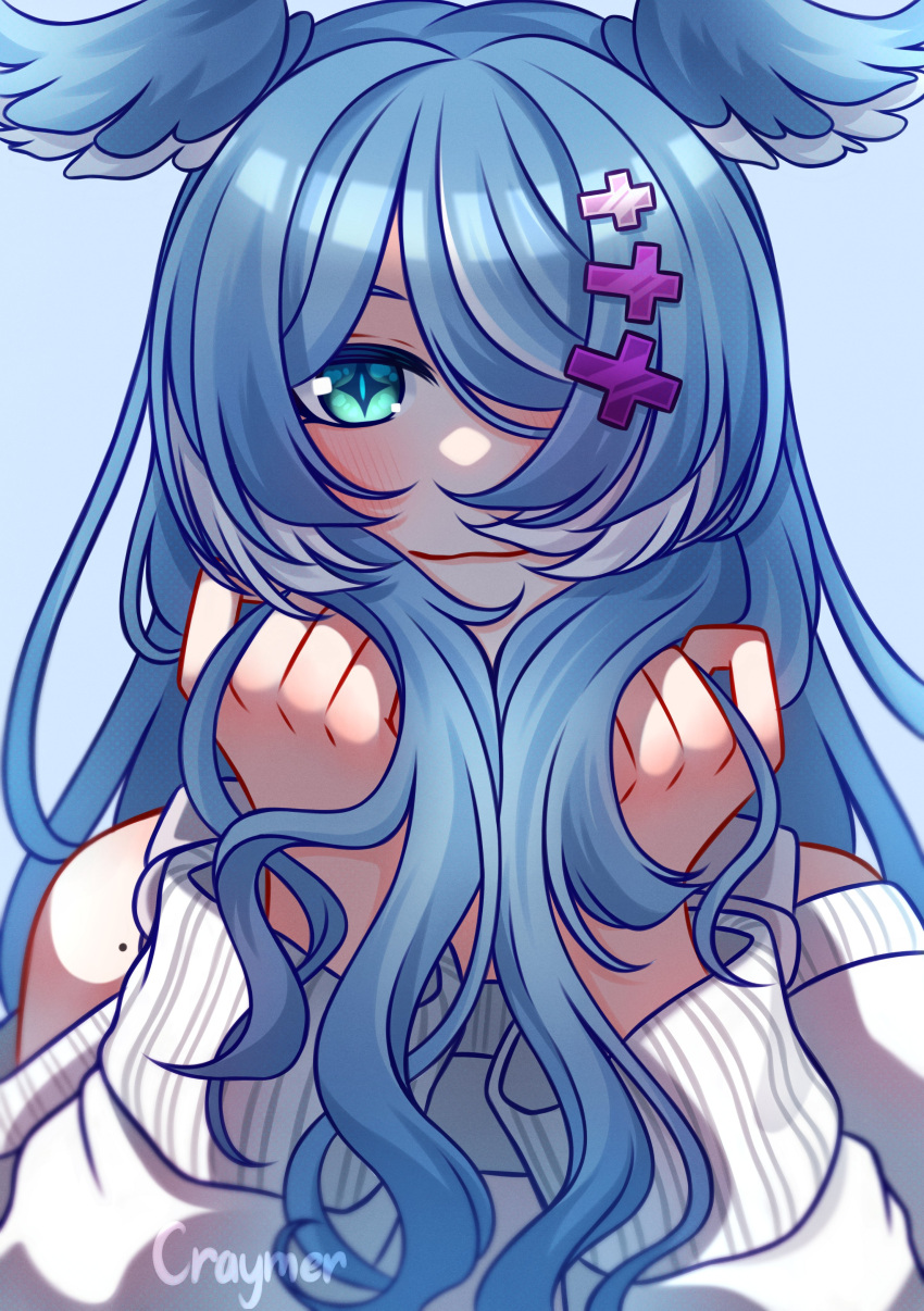 1girl absurdres artist_name blue_background blue_eyes blue_hair blush commentary craymer elira_pendora hair_over_one_eye highres holding holding_hair long_hair looking_at_viewer mole nijisanji nijisanji_en off_shoulder one_eye_covered portrait smile solo sweater symbol-only_commentary virtual_youtuber white_sweater