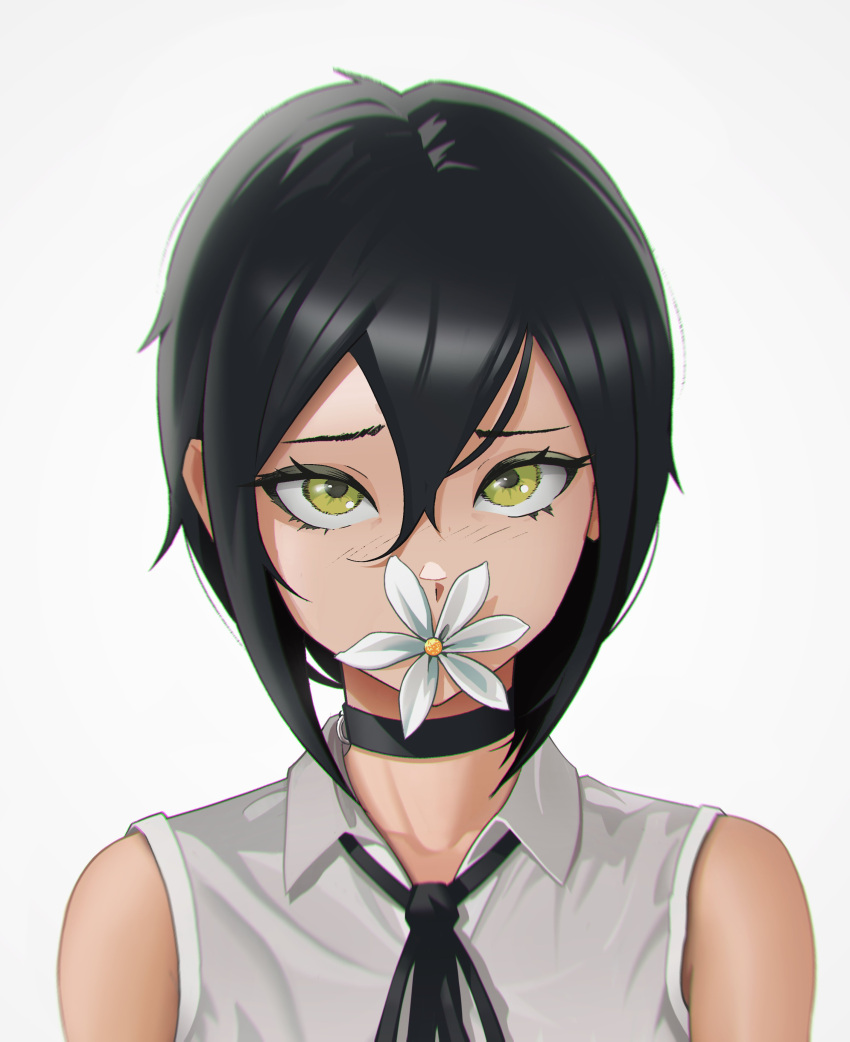 1girl absurdres bangs black_choker black_hair black_ribbon chainsaw_man choker collared_shirt covered_mouth daisy flower flower_in_mouth green_eyes hair_between_eyes highres lem looking_at_viewer reze_(chainsaw_man) ribbon shirt short_hair simple_background sleeveless solo white_background white_shirt