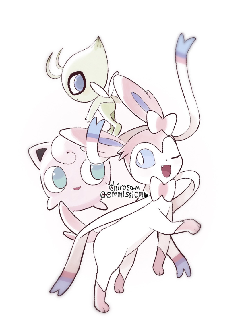 ;d artist_name blue_eyes bright_pupils celebi chirosamu closed_mouth commentary_request commission fang green_eyes heart highres jigglypuff no_humans one_eye_closed open_mouth pokemon pokemon_(creature) signature simple_background smile sylveon white_background white_pupils