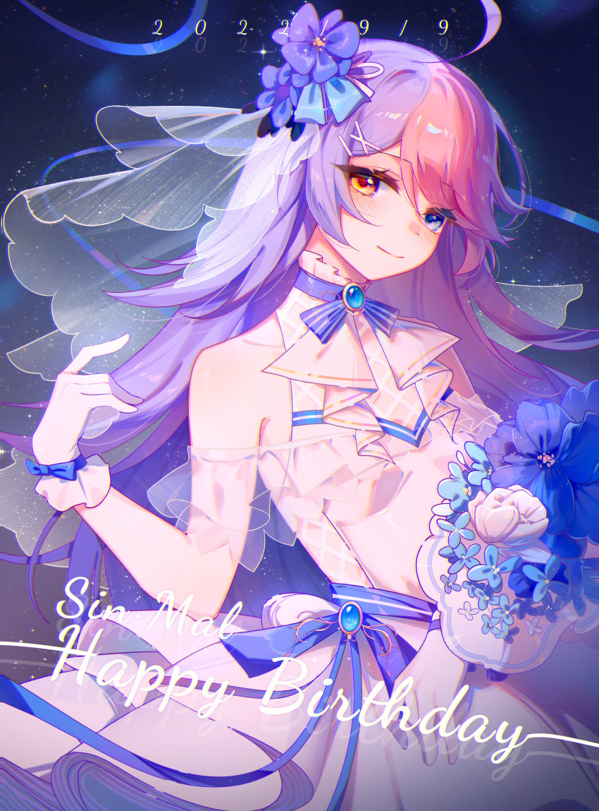 1girl 2022 absurdres bare_shoulders bride character_name closed_mouth confetti dated dress flower gloves hair_flower hair_ornament happy_birthday heterochromia highres honkai_(series) honkai_impact_3rd long_hair multicolored_hair purple_flower purple_hair silence_(pixiv18541142) sin_mal sleeveless sleeveless_dress smile solo two-tone_hair white_dress white_gloves yellow_eyes