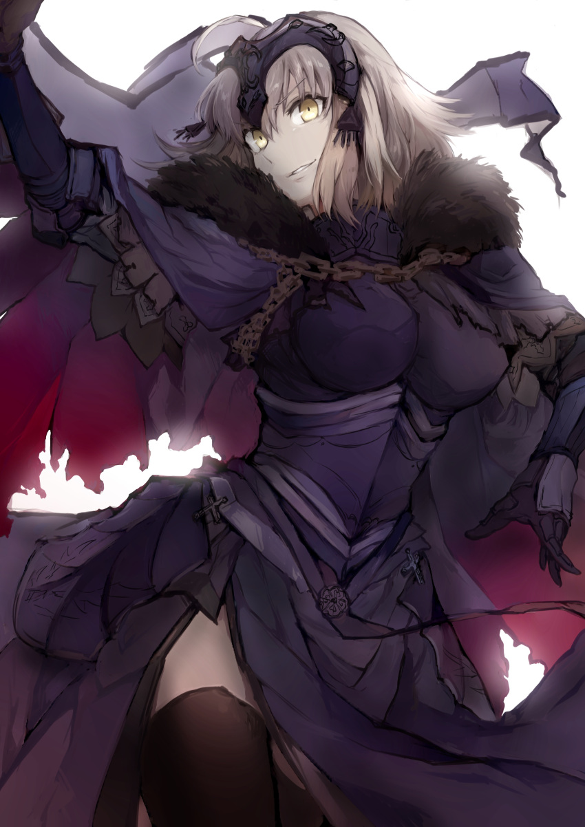 1girl absurdres arm_up armor armored_dress bangs black_gloves black_thighhighs breasts cape chain cowboy_shot cross dress fate/grand_order fate_(series) flag fur-trimmed_cape fur_trim gloves grey_hair hair_between_eyes headpiece highres jeanne_d'arc_alter_(avenger)_(fate) jeanne_d'arc_alter_(fate) jinkoshi_itori large_breasts long_sleeves looking_at_viewer parted_lips purple_cape purple_dress short_hair side_slit simple_background smirk solo thigh-highs torn_cape torn_clothes white_background yellow_eyes