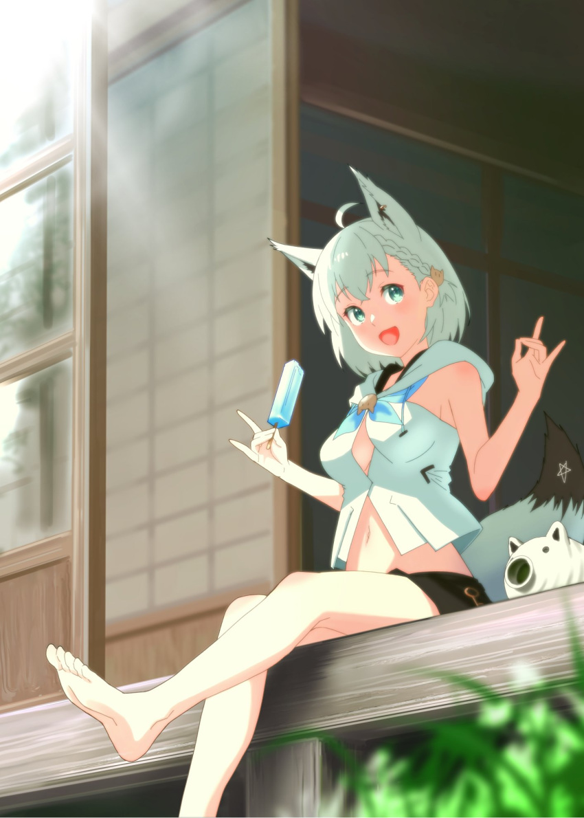 1girl ahoge animal_ears barefoot black_shorts blurry braid breasts depth_of_field food fox_ears fox_girl fox_shadow_puppet fox_tail grass highres holding hololive lens_flare medium_breasts midriff navel popsicle shirakami_fubuki short_shorts shorts side_braid sitting sliding_doors solo star_(symbol) tail virtual_youtuber white_hair zabudog777