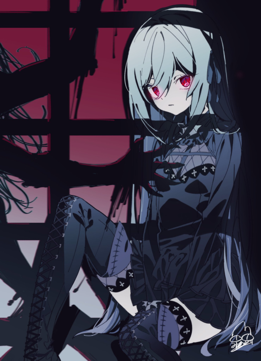 1girl bat_ornament between_legs black_dress black_ribbon boots cross-laced_footwear dress expressionless fishnet_thighhighs fishnets gothic grey_hair hair_between_eyes hair_ribbon hand_between_legs highres long_hair looking_at_viewer mearylis_(yamanasi_mikage) original pale_skin parted_lips red_eyes ribbon shadow sitting thigh-highs thigh_boots thighhighs_under_boots v_arms very_long_hair window_shade yamanasi_mikage
