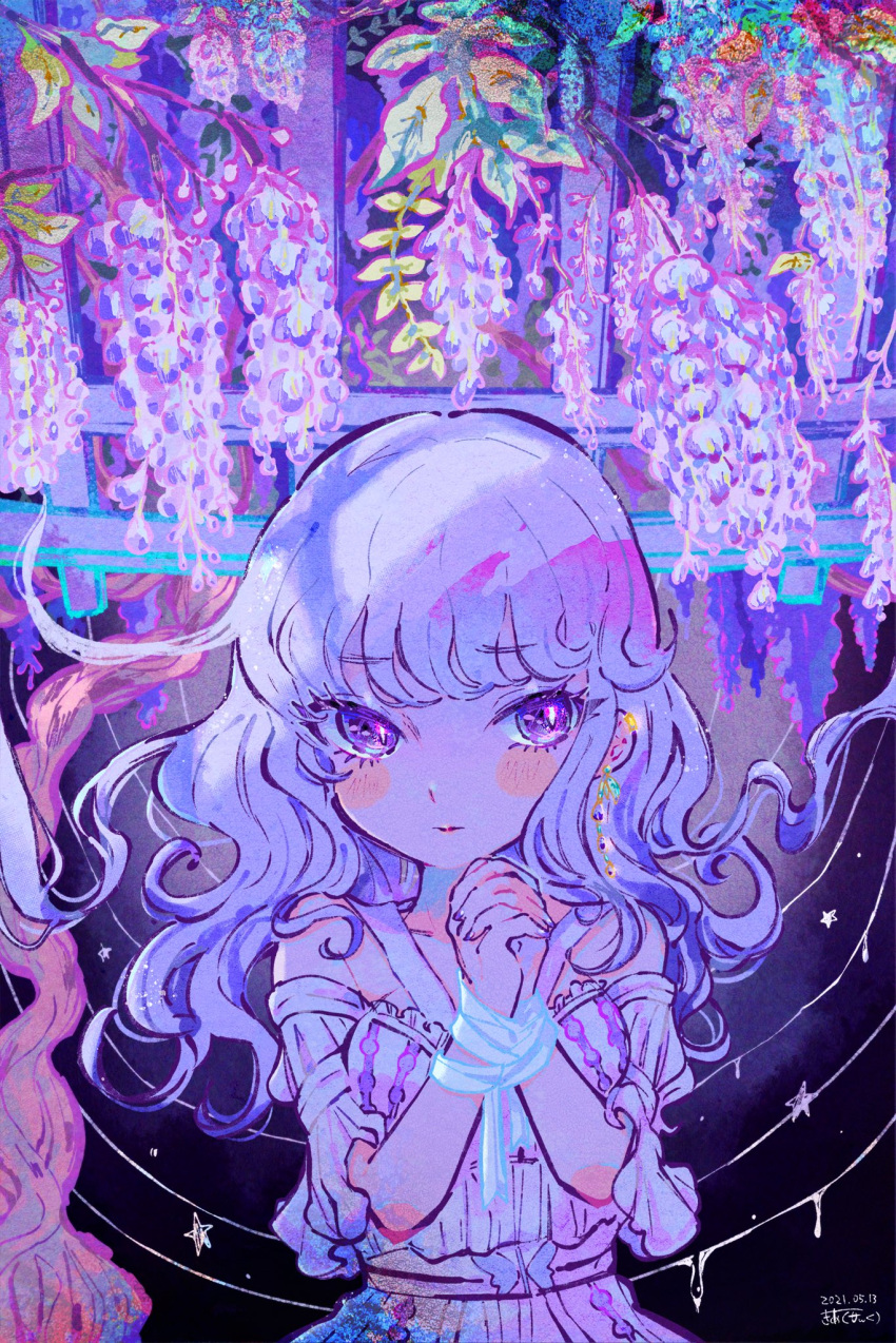 1girl bangs blush bound bound_wrists closed_mouth dress earrings flower highres jewelry kiato light_purple_hair long_hair original plant purple_flower purple_theme solo torii upper_body vines violet_eyes wisteria