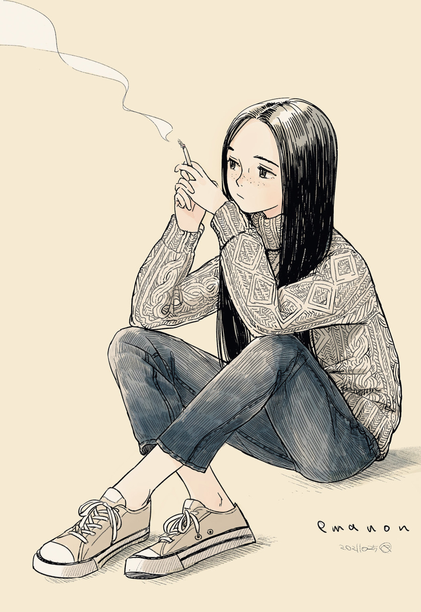 1girl bangs black_hair cigarette denim emanon_(character) freckles highres jeans knit_sweater kokudou_juunigou long_hair memories_of_emanon monochrome pants parted_bangs shoes sitting sneakers solo white_background