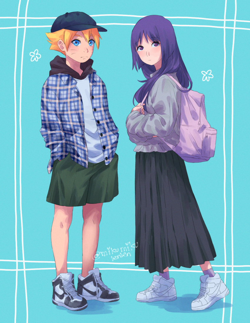 1boy 1girl ariamikukanzaki backpack bag blonde_hair blue_background boruto:_naruto_next_generations couple facial_mark hand_in_pocket hat highres holding holding_bag jacket kakei_sumire long_hair long_skirt looking_at_viewer looking_to_the_side naruto_(series) pink_bag purple_hair shirt short_hair shorts skirt t-shirt uzumaki_boruto violet_eyes