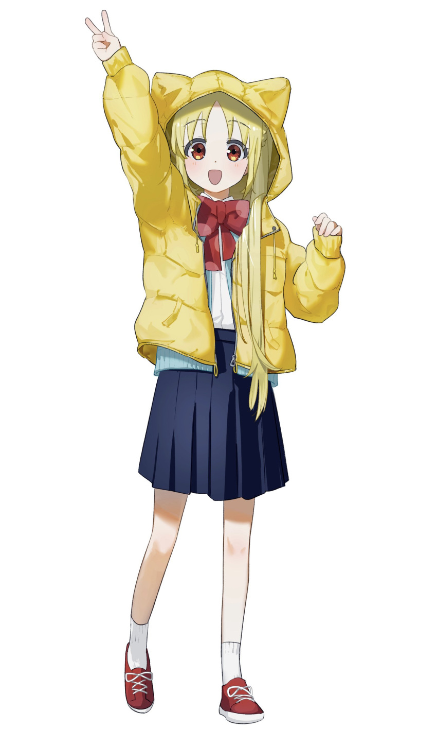 1girl :d absurdres arm_up bangs blonde_hair blue_cardigan blue_skirt blush bocchi_the_rock! bow bowtie brown_eyes cardigan commentary_request full_body highres hood hooded_jacket ijichi_nijika jacket long_hair long_sleeves looking_at_viewer ogino_panda open_cardigan open_clothes open_jacket open_mouth red_bow red_bowtie red_footwear shirt shoes simple_background skirt smile sneakers socks solo standing v white_background white_shirt white_socks yellow_jacket zipper