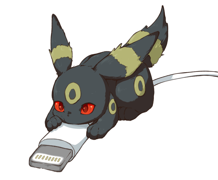 animal_focus black_fur cable commentary_request full_body highres holding holding_cable lying no_humans oimo_kenpi on_stomach pokemon pokemon_(creature) red_eyes simple_background solo umbreon white_background