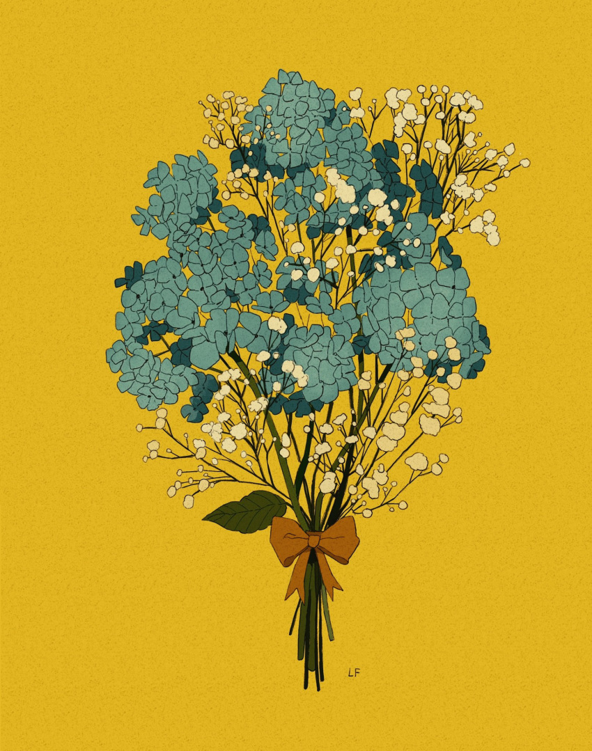 baby's-breath blue_flower bouquet brown_ribbon commentary english_commentary flower flower_focus highres hydrangea leaf libbyframe no_humans original plant ribbon signature simple_background still_life white_flower yellow_background