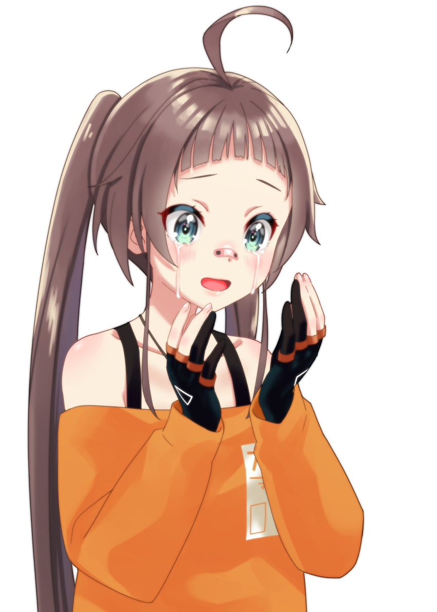 1girl ahoge bandaid bandaid_on_face bandaid_on_nose bangs brown_hair crying gloves green_eyes highres hololive jewelry long_hair long_sleeves natsuiro_matsuri necklace off-shoulder_shirt off_shoulder open_mouth partially_fingerless_gloves shirt smile solo streaming_tears tears twintails upper_body very_long_hair virtual_youtuber zabudog777