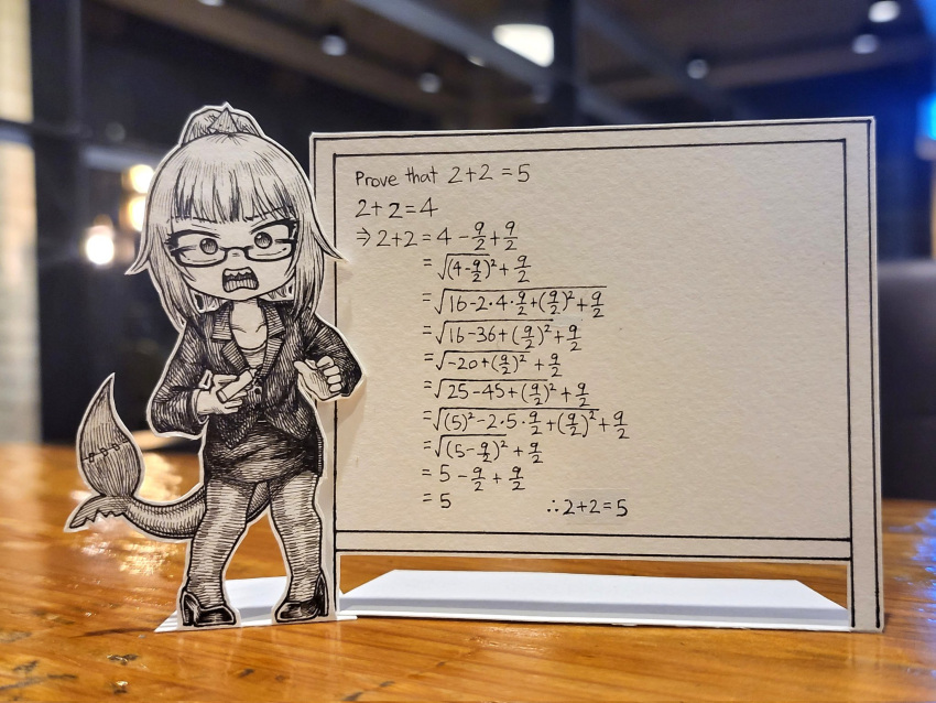 1girl bespectacled crosshatching english_text fish_tail gawr_gura glasses hatching_(texture) high_heels highres holding holding_marker hololive hololive_english jqhnharqld marker math monochrome open_mouth pantyhose paper_child papercraft_(medium) pencil_skirt photo_(medium) ponytail shark_girl shark_tail sharp_teeth skirt solo suit_jacket tail teeth unconventional_media virtual_youtuber whiteboard