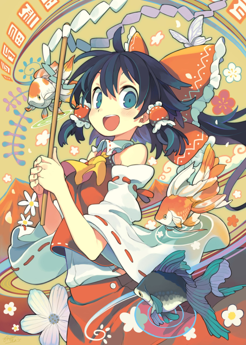 1girl :d absurdres ascot bare_shoulders black_hair blue_eyes blush bow bug butterfly commentary cowboy_shot daisy detached_sleeves fingernails fish floating_hair flower flying_fish frilled_bow frilled_hair_tubes frills gohei hair_bow hair_tubes hakurei_reimu hands_up happy highres holding koi long_hair looking_at_viewer morino_hon mountain own_hands_together ponytail red_bow red_skirt red_vest ribbon-trimmed_sleeves ribbon_trim shide skirt skirt_set smile solo tareme teeth touhou undershirt upper_teeth vest white_butterfly white_sleeves wide_sleeves wing_collar yellow_ascot