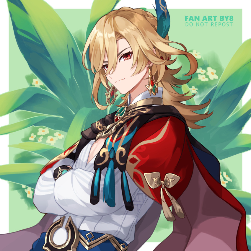 1boy 8_(e_uu88) :3 bangs blonde_hair border cape closed_mouth commentary_request crossed_arms earrings eyelashes feather_hair_ornament feathers flower genshin_impact gold_trim green_background hair_between_eyes hair_ornament jewelry kaveh_(genshin_impact) leaf long_hair long_sleeves looking_at_viewer looking_to_the_side male_focus mandarin_collar necklace outside_border parted_bangs plant puffy_long_sleeves puffy_sleeves red_cape red_eyes shirt shoulder_cape sidelocks simple_background smile solo tassel upper_body white_border white_shirt
