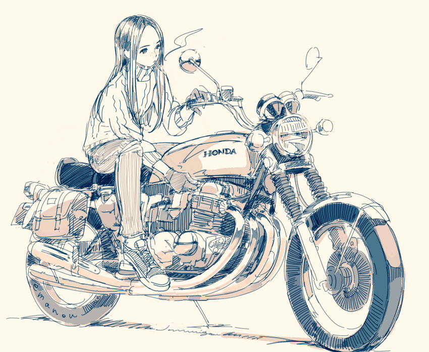 1girl bangs cigarette emanon_(character) gloves ground_vehicle highres honda knit_sweater kokudou_juunigou limited_palette long_hair memories_of_emanon motor_vehicle motorcycle parted_bangs simple_background sitting smoking solo