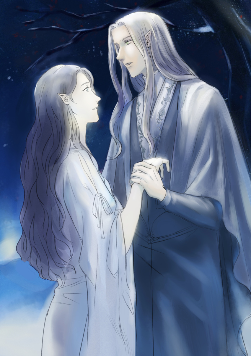 1boy 1girl bare_tree eye_contact grey_hair hetero highres holding_hands long_hair long_sleeves looking_at_another melian outdoors pale_skin pointy_ears standing the_silmarillion thingol tolkien's_legendarium tree yinque