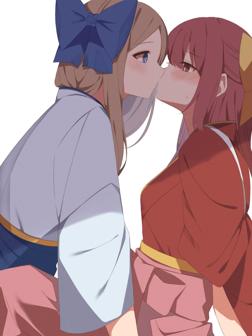 2girls asakaze_(kancolle) bangs blue_eyes blue_hakama commentary_request eye_contact forehead hachino_mugi hakama highres japanese_clothes kamikaze_(kancolle) kantai_collection kimono kiss light_brown_hair long_hair looking_at_another meiji_schoolgirl_uniform multiple_girls parted_bangs pink_hakama purple_hair red_kimono sidelocks wavy_hair white_background yuri