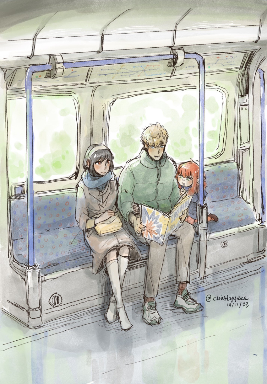1boy 2girls anya_(spy_x_family) bangs black_hair blonde_hair blue_eyes christyyeeee coat family father_and_daughter green_eyes hairband highres jacket long_sleeves multiple_girls pink_hair red_eyes scarf shoes sitting sketch spy_x_family train_interior twilight_(spy_x_family) yor_briar