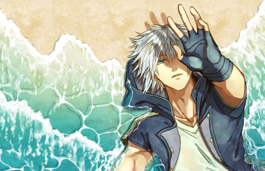 1boy aqua_eyes beach black_gloves collarbone fingerless_gloves gloves grey_hair hair_between_eyes half-closed_eyes hood hooded_jacket jacket kingdom_hearts kingdom_hearts_iii looking_at_viewer looking_up lying male_focus ocean on_back outdoors outstretched_hand owlforkh parted_lips partially_submerged riku_(kingdom_hearts) sand shirt short_hair short_sleeves solo upper_body white_shirt