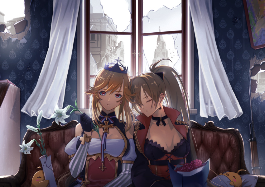 236p 2girls azur_lane black_choker black_gloves black_jacket bouquet breasts broken_glass brown_hair choker corset couch cross-laced_clothes detached_sleeves earrings epaulettes flower french_flag glass gloves gun half_gloves holding holding_flower holding_vase hole_in_wall indoors jacket jean_bart_(azur_lane) jewelry juliet_sleeves long_hair long_sleeves looking_at_viewer manjuu_(azur_lane) medium_breasts multiple_girls o-ring o-ring_choker orange_hair ponytail puffy_sleeves red_corset red_flower red_rose richelieu_(azur_lane) rifle rose ruins sitting sleeping striped_sleeves upper_body violet_eyes weapon white_curtains white_flower window