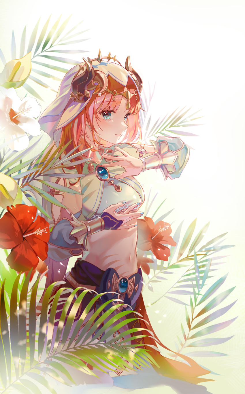 1girl absurdres aqua_eyes arm_up blue_bow blue_gemstone blue_nails blue_skirt bow bracer circlet closed_mouth crop_top didtldms0312 fake_horns flower gem genshin_impact gold_trim gradient harem_outfit hibiscus highres horns leaf long_sleeves looking_to_the_side nail_polish navel nilou_(genshin_impact) profile puffy_long_sleeves puffy_sleeves red_flower redhead simple_background skirt smile solo stomach veil wading water white_background white_flower white_headwear
