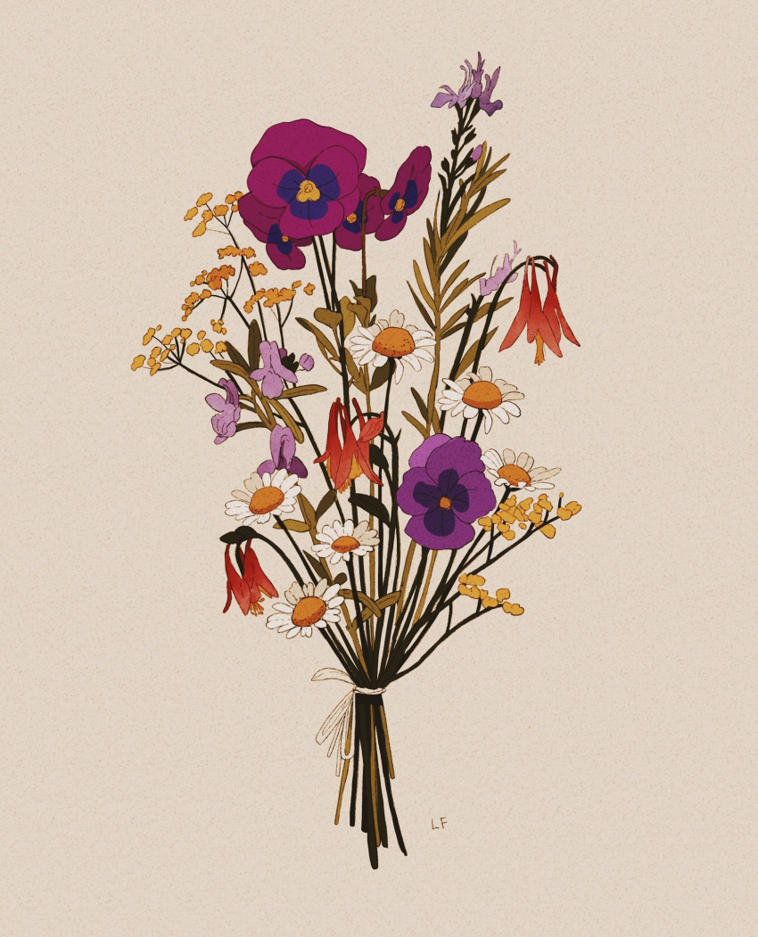 bouquet commentary commission daisy english_commentary flower flower_focus grey_background highres libbyframe no_humans orange_flower original pansy plant purple_flower red_flower signature simple_background still_life white_flower yellow_flower