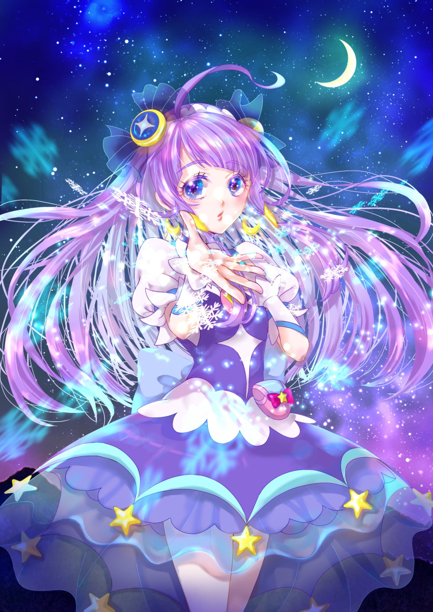 1girl cowboy_shot crescent crescent_earrings crescent_moon cure_selene dress earrings hair_ornament hair_ribbon hand_on_own_chest highres jewelry kaguya_madoka looking_at_viewer magical_girl moon night outdoors pouch precure puffy_short_sleeves puffy_sleeves purple_dress purple_hair ribbon see-through see-through_skirt short_sleeves skirt sky smile snowflakes solo star_(sky) star_color_pendant star_twinkle_precure starry_sky violet_eyes waka_(negronoir)